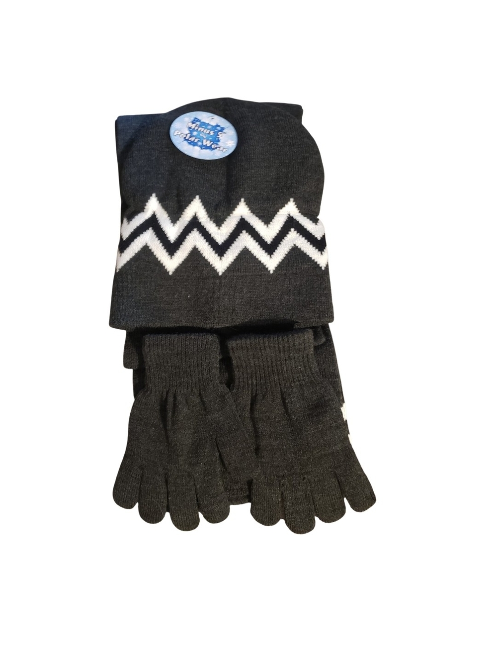 Minus 5 by Polar Wear black knit Glove, scarf & hat Set with white chevron print